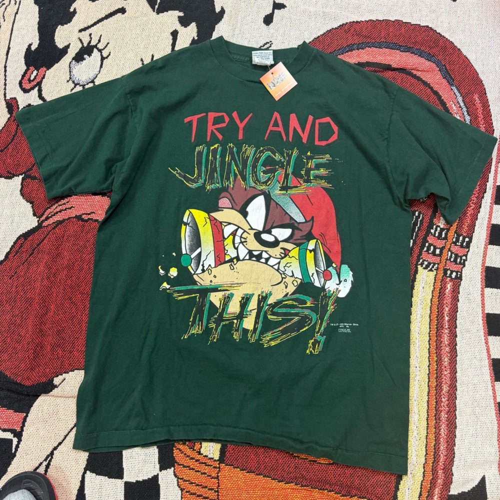 Vintage 1995 Looney Tunes Tasmanian Devil Christmas T-Shirt Freeze Green NWT
